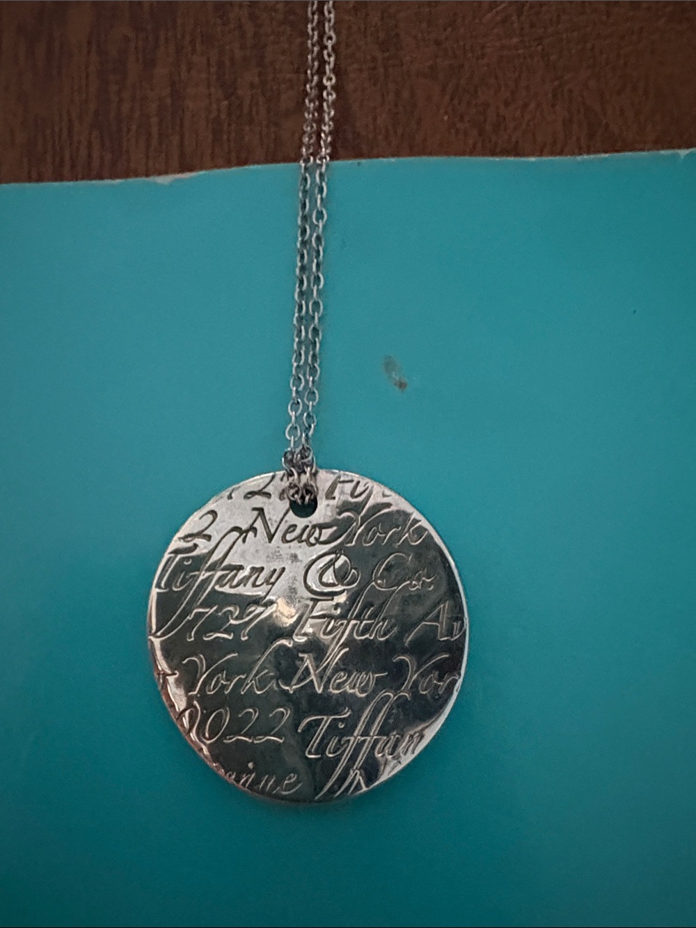 Tiffany & Co. Engraved Script Round Pendant Necklace - Silver